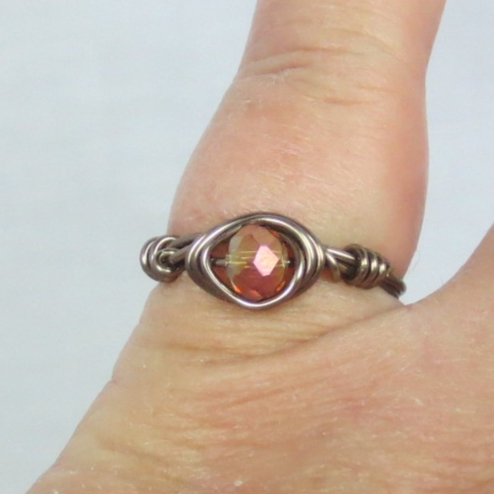 Handcrafted Ring Iridescent Amber Crystal Gunmetal Wire Wrap Everyday Size 8